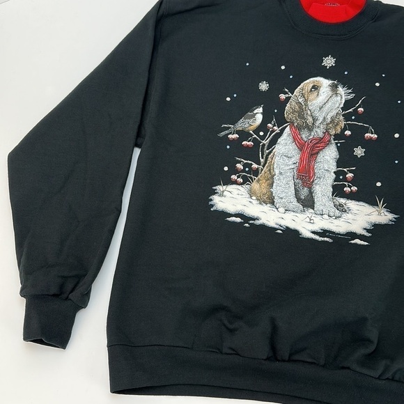 Jerzees Puppy Bird Snowflakes Winter Scene Sweatshirt Mock Neck Large Black Cozy - Picture 10 of 15